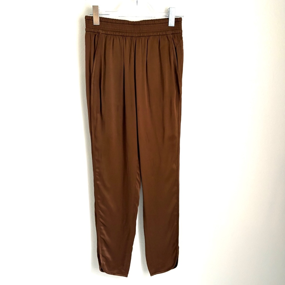 Zara | Womens Dark Brown Shiny Viscose Pants Rounded Ankle Cuff Thick Seam Sz XS